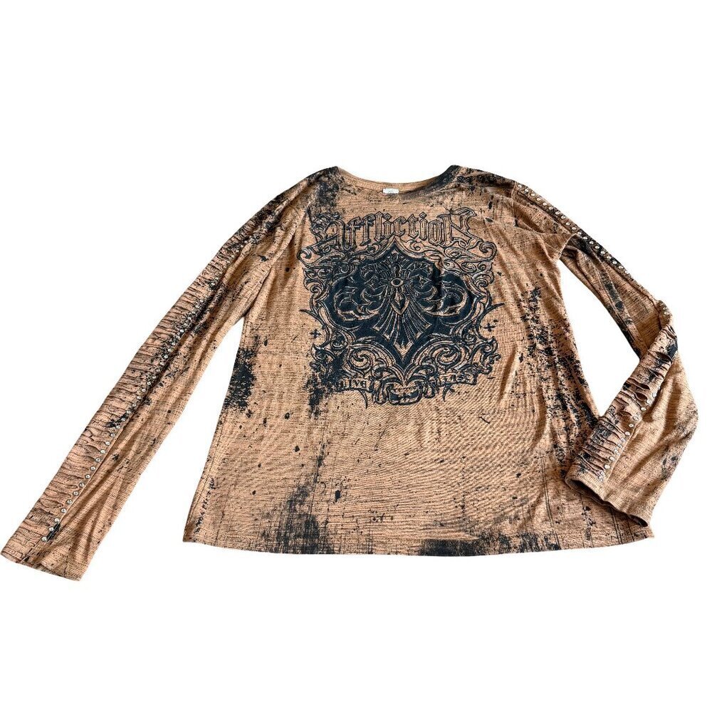 Affliction Brown Long Sleeve Shirt Top Blouse Jewel Sleeves Fleur De Lis Medium